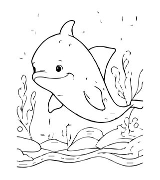 smiling dolphin swimming underwater black outline clip art preview