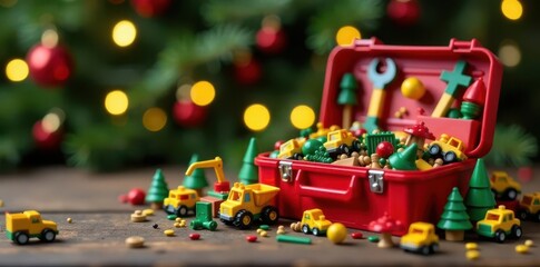 Red toolbox filled with miniature construction toys, Xmas tree backdrop , red, festive, present
