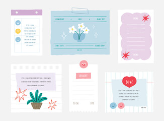 memo template. A collection of striped notes, blank notebooks, and torn notes used in a diary or office.