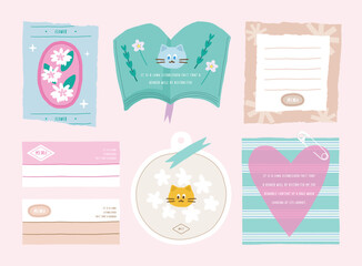 memo template. A collection of striped notes, blank notebooks, and torn notes used in a diary or office.