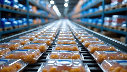 Obraz premium Canned peaches on conveyor belt in factory warehouse