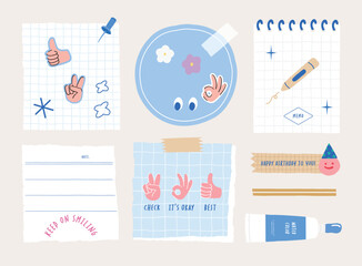 memo template. A collection of striped notes, blank notebooks, and torn notes used in a diary or office.