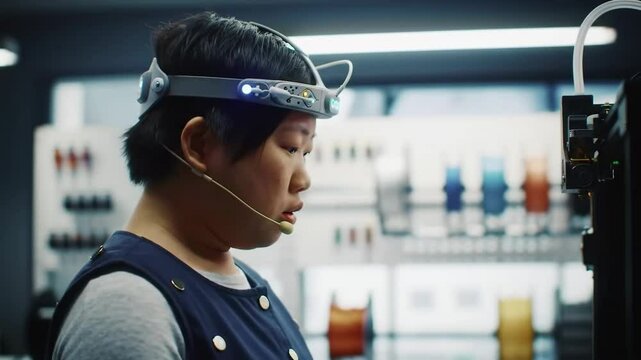 User 3D prints via breath and head-tilt input, cinematic orbit with synced pulse and motion-guided build
