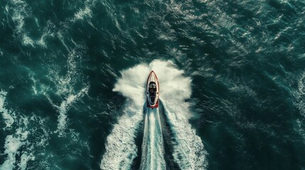 Red and White Jet Ski Speeding Across Dark Blue Ocean Waters