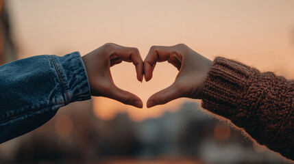 Two people make heart shape at sunset
