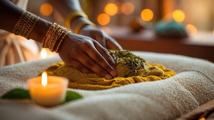 Woman hands massage turmeric powder with rosemary