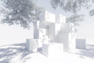 Abstract architectural scene with white cubes, surrounded by trees. Soft light and shadows create a serene atmosphere