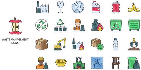 Waste Management simple concept 24 hand drawn color icons set. Contains such waste, reusing, management .Vector illustration.