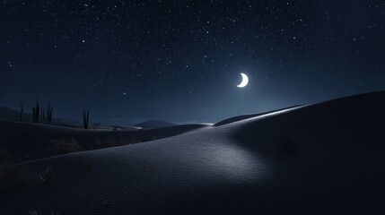 Night scene with crescent moon stars and road leading into the distance.