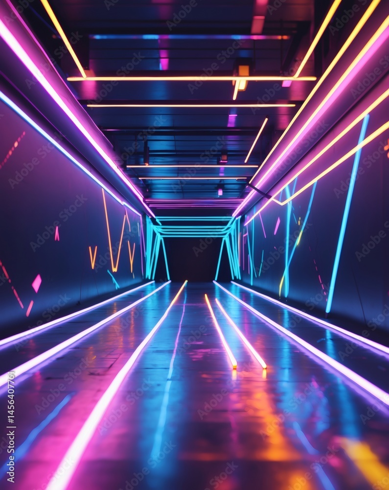 Poster futuristic neon tunnel showcasing an illuminated pathway with glowing lights reflecting on the floor