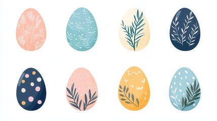 Fototapeta premium colorful Easter egg set clipart, holiday elements, flat design illustration, pastel palette, isolated on white background