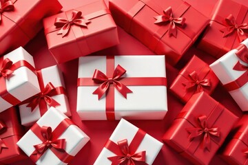 Pile of red & white gift packages with bows, overhead shot , red and white theme, red wrapping
