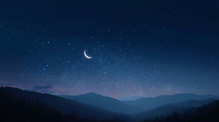 Crescent moon shines over dark mountain range under a starry night sky.