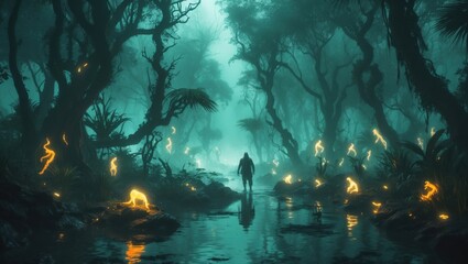 Figure walks through Eerie Forest with Floating Lights