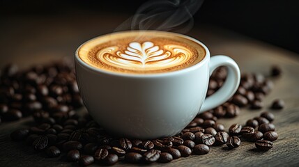 Steaming cup of latte art, surrounded by roasted coffee beans. Warm, comforting, and delicious