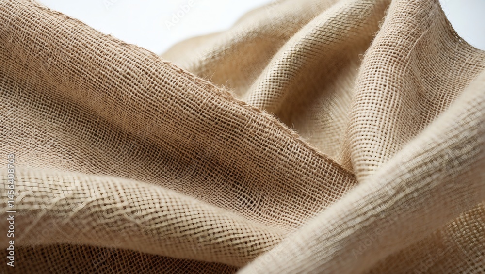 Poster close-up view of soft and delicate beige fabric. the fabric is draped and textured, revealing intric