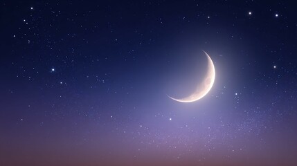 Naklejka premium Crescent moon shines brightly in a dark blue and purple starry night sky.