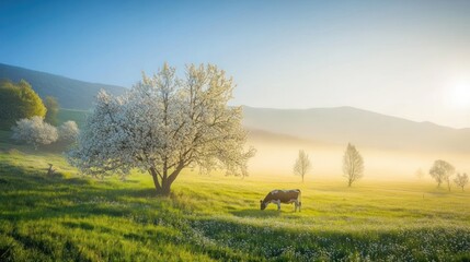 Serene Sunrise in the Blossoming Meadow: A Cow Grazes Peacefully