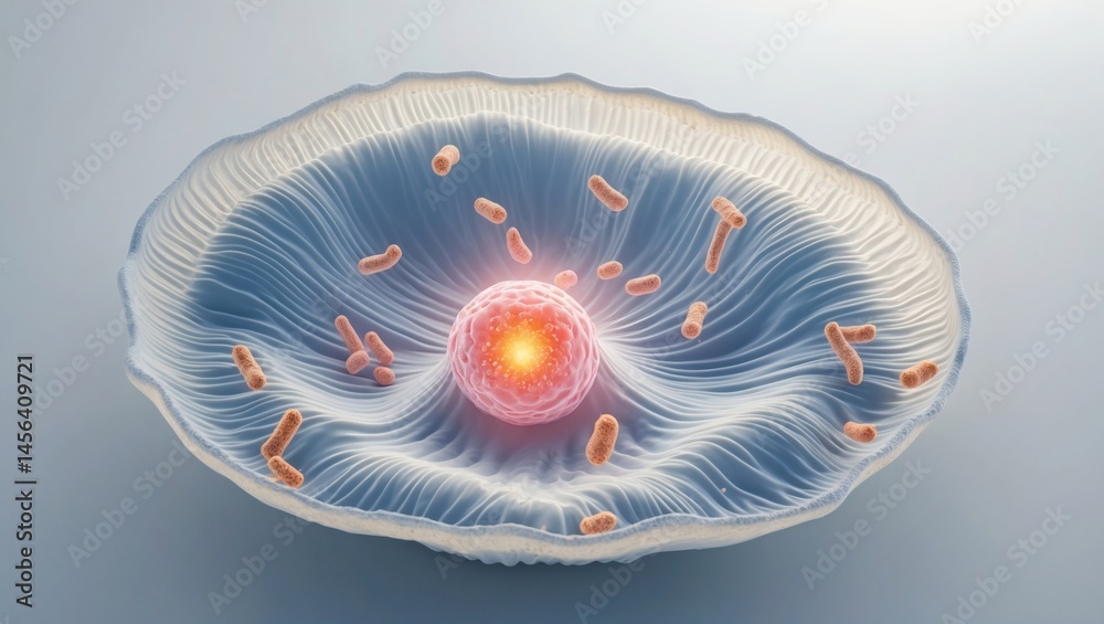 Poster a detailed 3d rendered illustration of a biological cell, showcasing its intricate inner structure a