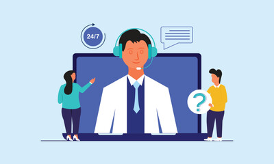 Call center operator and customer, support service concept