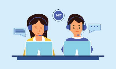 Customer service agents with headphones microphone and computer customer service support or call center concept