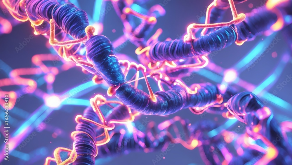 Poster An abstract, artistic rendering of DNA structure, showcasing genetic complexity. The image features a vivid display of intertwined strands, and complex structure that represent life's building blocks