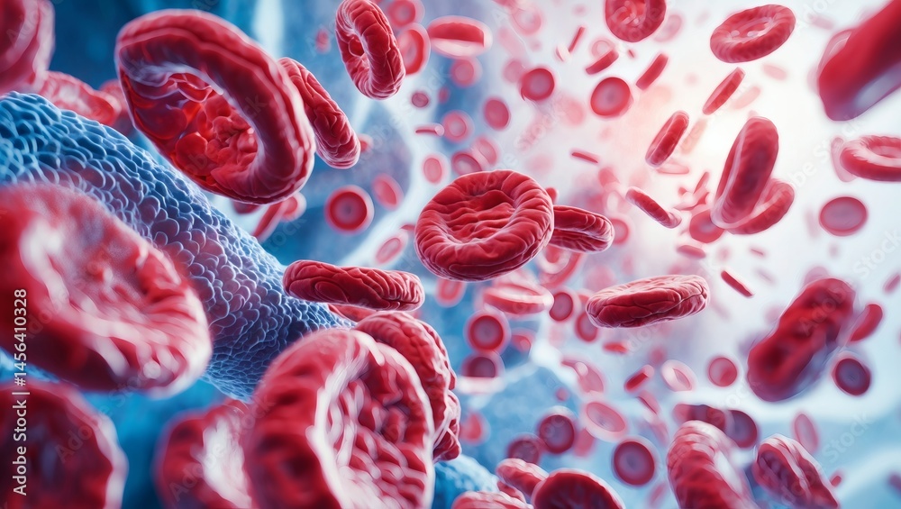 Poster a detailed microscopic view of red blood cells, showcasing their form and function, against a vibran