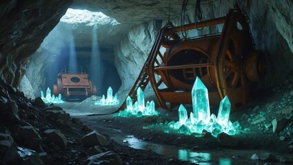 Crystal mine machinery shines turquoise glow