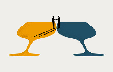 two businessmen shaking hands on wine glasses clinking, building business relationship, finding business partner concept, minimal business design.
'