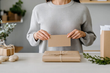 Shop assistant holding blank recycled paper greeting card for christmas