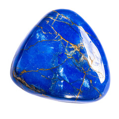 A close-up image of a polished, triangular lapis lazuli stone