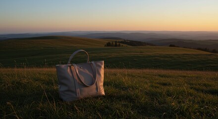 Leather Bag on Grassy Hill at Sunset - Photo