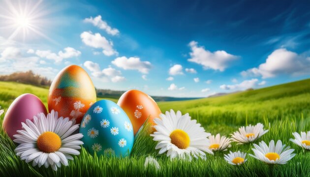 easter landscape with colorful eggs green grass daisy flowers and blue sky