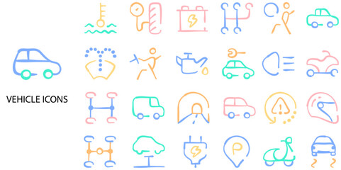 Vehicle simple concept 24 Flat hand drawn color icons set. Contains such rickshaw, van - vehicle, fire engine, vehicle trailer .Vector illustration.