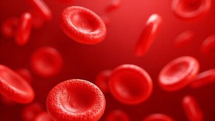 Microscopic image of red blood cells showing circular biconcave erythrocytes floating in plasma against red background, depicting healthy oxygenated cells under magnification