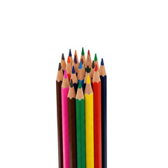 Vertically upright pack of colored pencils (visible tips) floating in mid-air on a solid white background