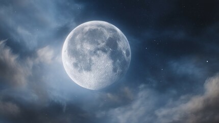 Full moon shining brightly in a cloudy night sky creating a serene scene.