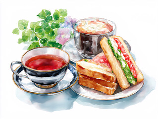 背景白 水彩画イラスト サンドイッチと紅茶