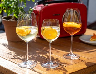 Three wine glasses with citrus slices rest on a wooden table beside a retro red radio, plant, and orange slices, evoking a relaxed vintage vibe.