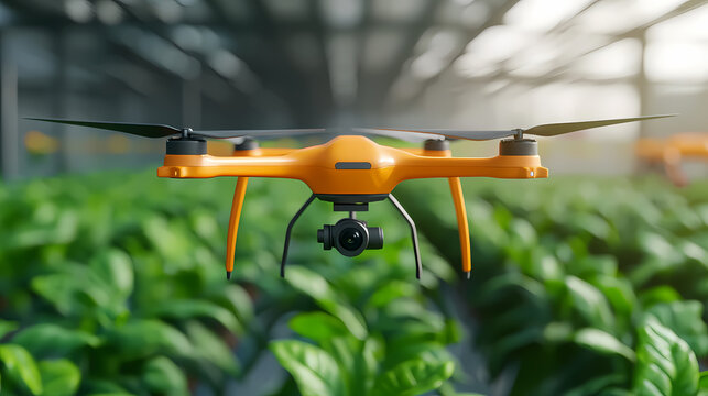 A bright orange drone hovers over green crops in a greenhouse, monitoring plants with advanced technology.