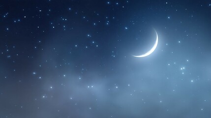 Crescent moon shines brightly in a dark blue starry night sky.