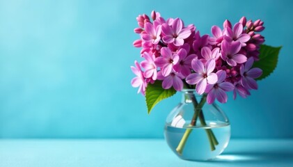 Lilac blossoms, vibrant purple pink, glass vase, blue background, water droplets, bloom, image, purple