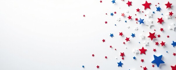 Scattered red, white, blue star confetti Clean white background, ample space , celebration, Independence Day