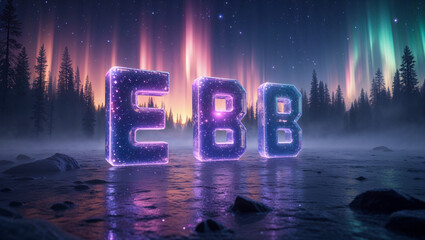 Illuminated ebb letters glowing against northern lights backdrop reflecting on water surface