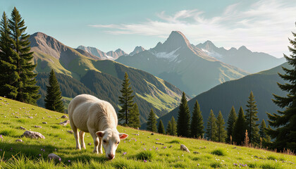 Fototapeta premium Sheep grazing in vibrant summer valley, serene nature concept