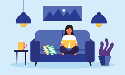 Woman with a laptop working or studying at home sitting on a sofa in the living room