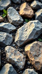 Rough-hewn gray and brown rocks, textured surface, ample copy space , rocky terrain, slate, gravel