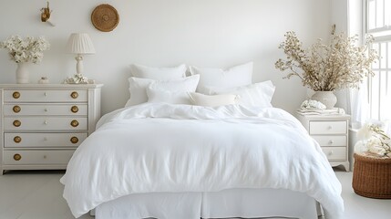White bedroom with simple furnishings and natural decor.