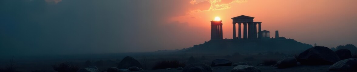 Obraz premium Dark silhouette of ancient ruins in dense fog, cold, gothic, unease