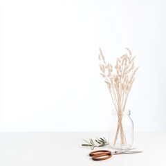 Minimalist Floral Arrangement in Glass Jar with Scissors and Greenery on White Background for Modern Home Decor and Aesthetic Inspiration